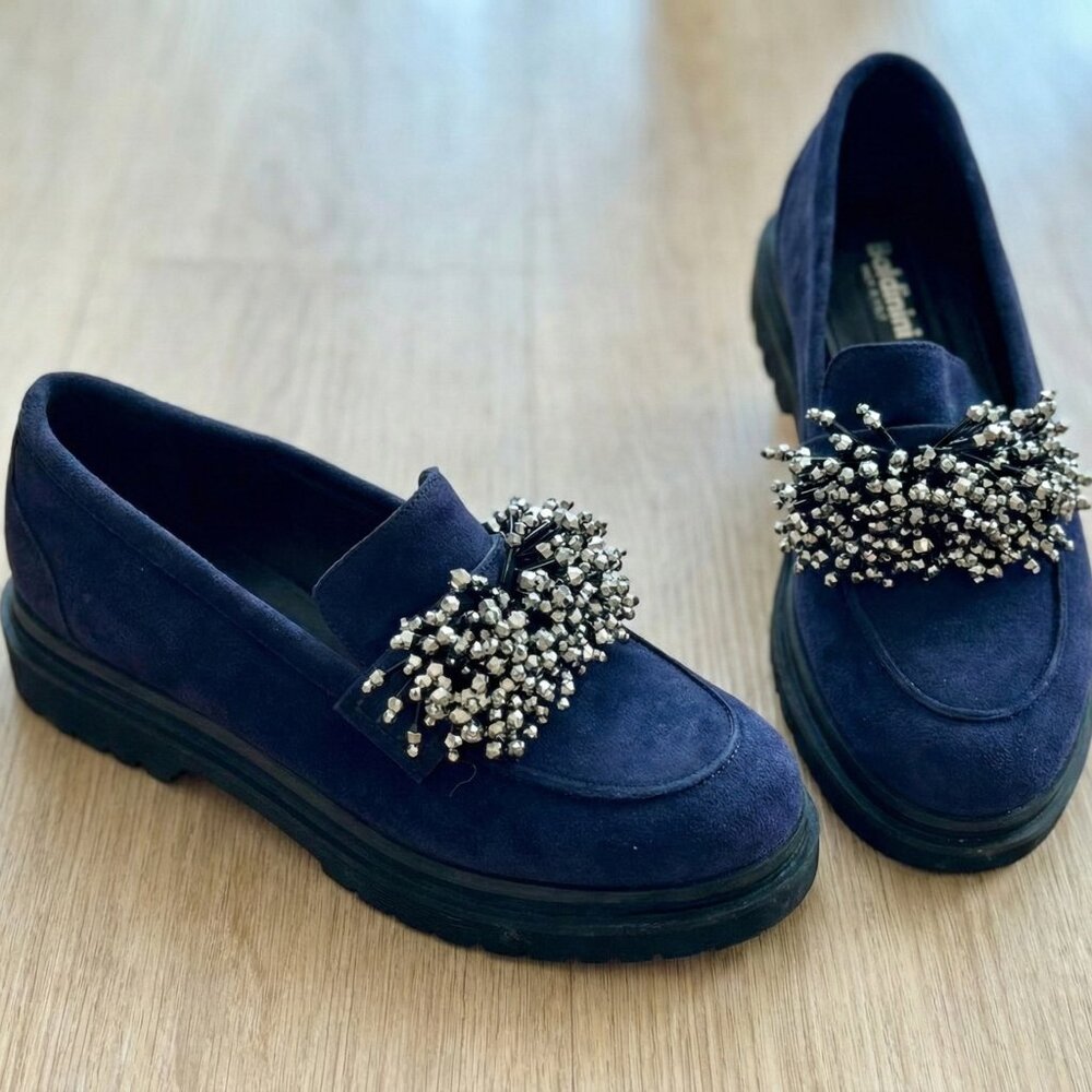 Baldinini Navy Suede Loafers Beaded Bow Slip-On Flats Made in Italy Size 37